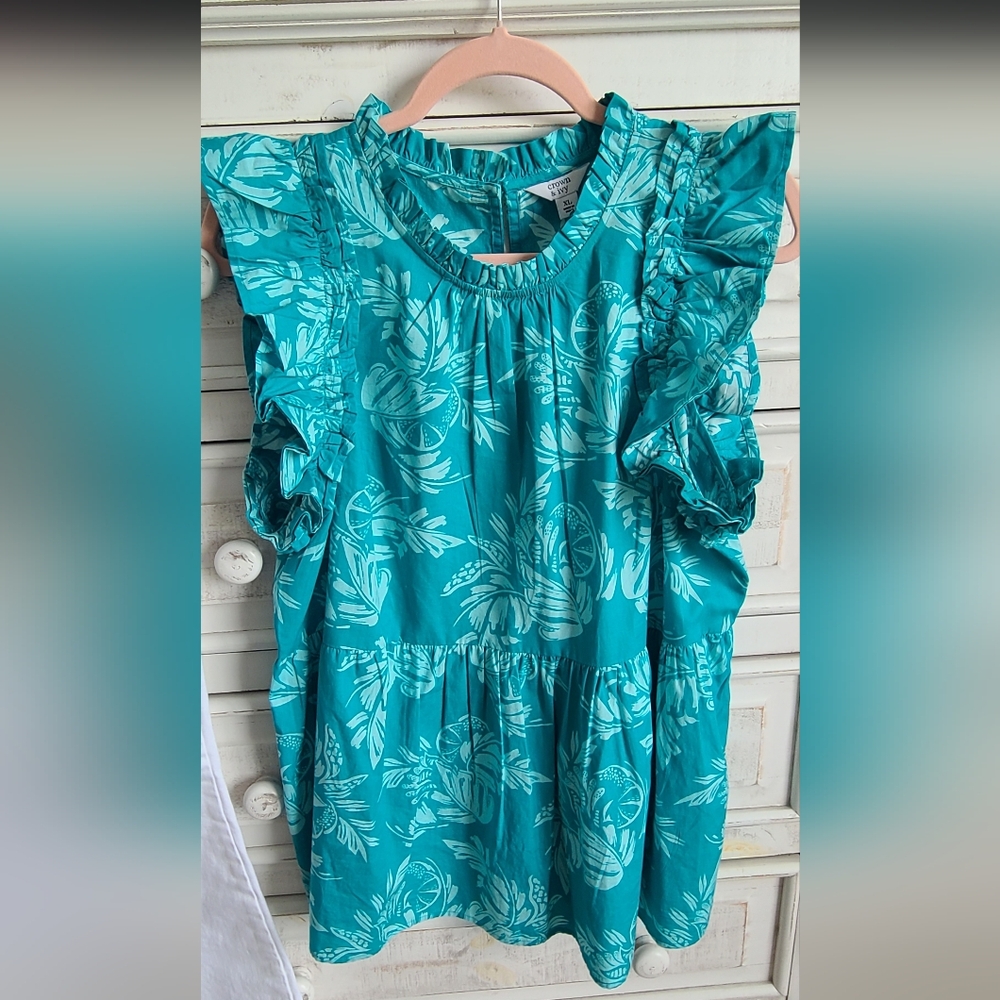 Floral Ruffle Sleeve Teal Top